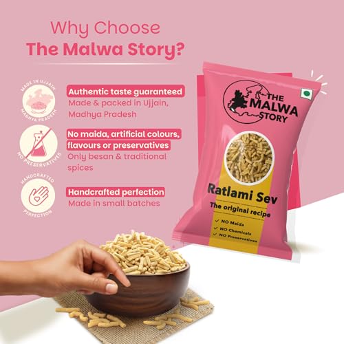 Image of The Malwa Story Original Ratlami Sev - 200gm (Pack Of 2) | Cooked & Packed in Ujjain | Special Madhya Pradesh Authentic Sev Namkeen With No Maida | Spicy & Crunchy | For Poha & Tea Time Snacking