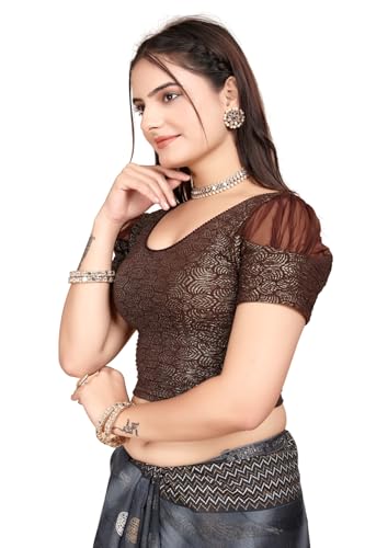 Image of SFT Women's Organza Patch Readymade Saree Blouse with Round Neck Half Sleeves Abstract Pattern Pull On Closure Regular Fit and Standard Length