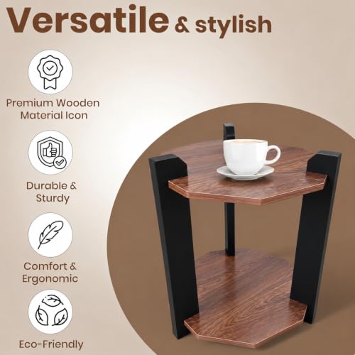 Image of Modern Round Side Table, Home Decor for Living Room, Bed Side Tables for Bed Room, stools for Home, Furniture for Home, 2-Tier White Shelves, 30 x 30 x 40 cm (Octagon Brown Top)