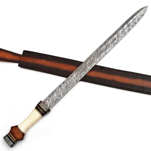 Armory Replicas™ Roman Infantry Army Spatha Damascus Steel Sword – Handcrafted Firestorm Pattern Blade, 30.5 Inch Authentic Replica with Bone & Olive Wood Handle