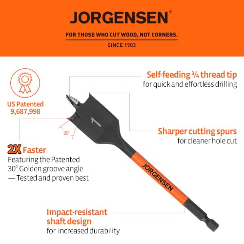 Image of Jorgensen 1 inch x 6 inch Spade Drill Bit, 1 /4 inch Hex Shank | High-Performance Carbon Steel Paddle Bit for Woodworking, Self-Feeding Threaded Tip