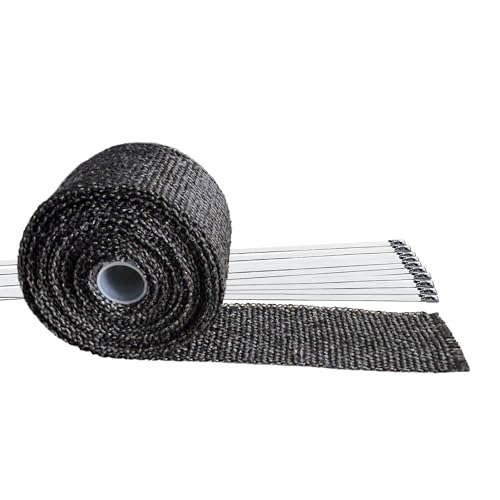 Exhaust Heat Wrap, 2in x 16.5ft Black Header Wrap Fiberglass for Motorcycle Car Exhaust Pipes with 10 Stainless Locking Ties