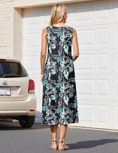 Image of HOTOUCH Summer Casual Dresses for Women Sleeveless Midi Dress Swing Tank Sundress Pleated Tshirt Dress with Pockets