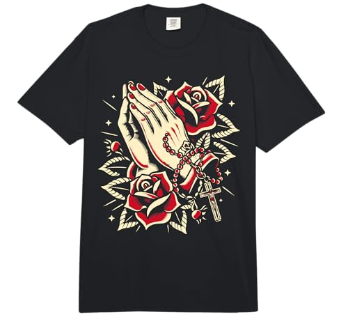 Praying Hands Rosary and Rose, Traditional Tattoo Design Comfort Colors