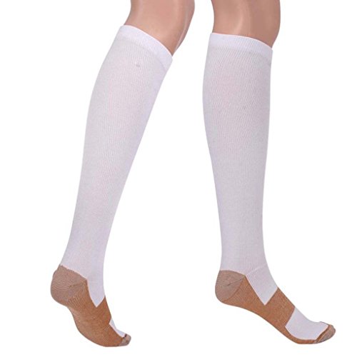 Sirosky Compression Copper Socks Graduated Anti Fatigue Support Sock Feet Foot Ankle Pain Relieving Ache Relief for Men Woman Over the Calf Below Knee High (White Gold-1PR, Lg XL)
