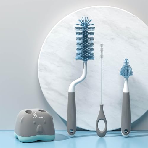 Image of R for Rabbit Hygo Care Teddy Baby Bottles Cleaning Brushes 360 Rotatable, Feeding Bottle Nipple & Straw Cleaner Set with Anti Slip Handle, Easy to Clean Corner, BPA-Free Silicone Bristles(Grey Blue)