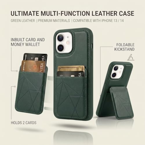 Image of amazon basics Premium Vegan Leather Back Cover with Card Holder and Integrated Mobile Stand for iPhone 13 - Slim Shockproof Wallet Case with Geometric Stitching [Green]