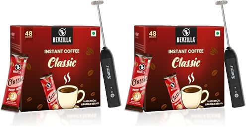 Image of Bevzilla 48 Classic Coffee Sachet with Rechargeable Electric Frother Combo Pack | 3-Speed Setting with Type-C Fast Charging|r | Cafe Coffee Kit | Perfect for Espresso, Latte & Cappuccino | Enjoy Hot & Cold Brews