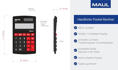 MAUL Taschenrechner M12|Rechner mit großem 12-stelligem Display|Standardfunktionen für Büro, Schule|Funktionstasten farbig|Solarrechner mit Batterienutzung bei Dunkelheit|Schwarz, 11,5x6,9x1,0 cm