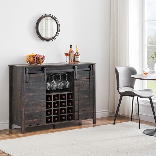 Image of Farmhouse Sideboard Buffet Cabinet with Sliding Barn Doors, Coffee Bar Cabinet with Adjustable Shelves, 16-Bottle Wine Storage & Glass Holder for Dining Room, Living Room,Dark Oak