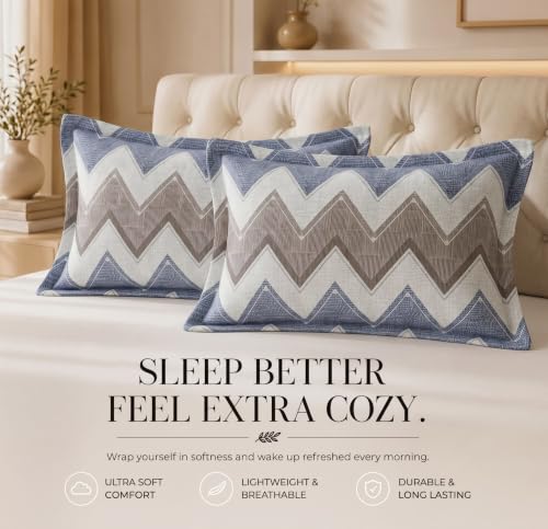 Image of HOMEKART Glace Cotton 160 TC Football Zigzag Double Bedsheet with 2 King Size Pillow Covers | Soft & Durable | 86 x 88Inches (Sky Blue & Grey)