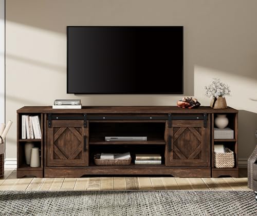 Image of WAMPAT Farmhouse TV Stand for 80-85 inch TV with Distressed Wood Finish