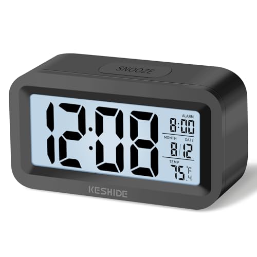 KESHIDE Travel Digital Alarm Clock,Battery Operated with Backlight, Indoor Temperature, Desk Small Clock,Snooze Model,12/24H Display for Bedrooms Heavy Sleepers Kids Travel Bathroom (Black)