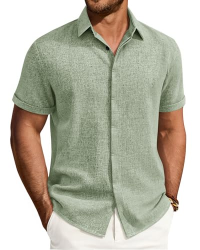 Mens Linen Shirt Short Sleeve Button Down Casual Summer Beach Shirt Green L