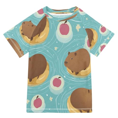Boys Short Sleeve T-Shirts Capybara Apple Cartoon Rashguard Kids Swim Shirts Sun UPF 50+
