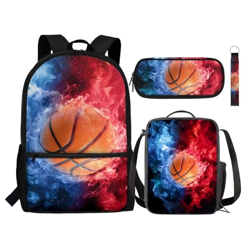 Zaino per bambini set da 4 pezzi include borsa per libri scolastici per il pranzo portapenne portachiavi per la scuola Pallacanestro Fuoco Taglia unica Zaini Daypack