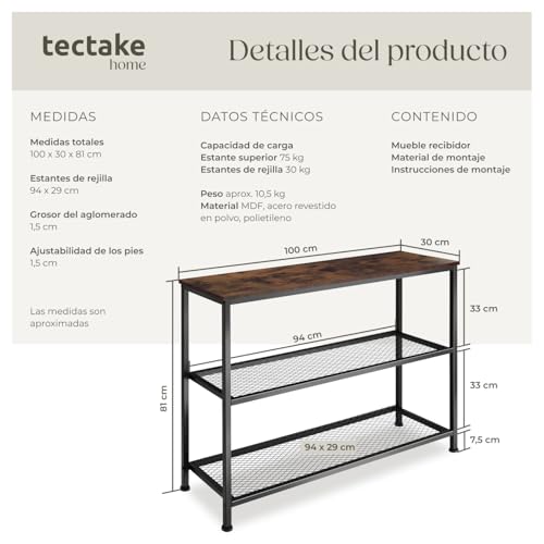 tectake® Mesa Consola Retro, con 2 Estantes de Eejilla, Mueble Auxiliar para Entrada, Mueble Recibidor, Mesa de Centro, Robusta y Estable - Madera Industrial Oscura, Rústica - imagen 3