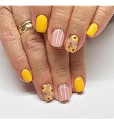Short Square Press on Nails Flower Fake Nails Spring Summer False Nails Press ons with Sunflowers...