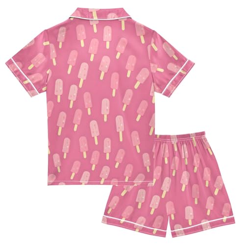 Pink Ice Cream Pajamas Sets Short Sleeve Silk Stain Pjs Button Down Sleepwear for 5-14Y2