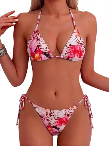Image of Tainehs Women's Sexy Halter Thong Bikini Tie Two Sides Bottom Triangle Bikini Swimsuits