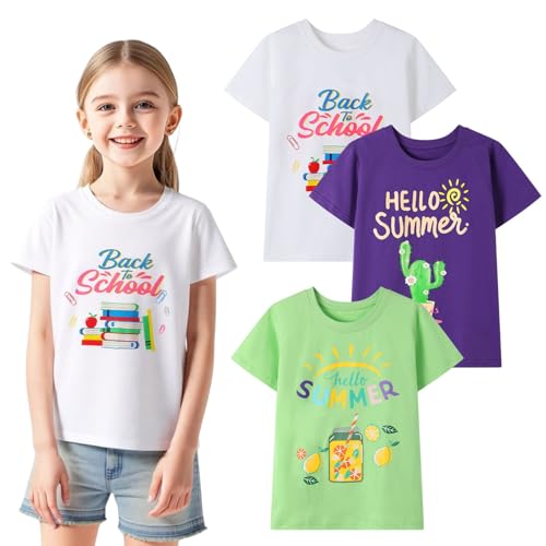 Image of HILEELANG Girl T-Shirts Short Sleeve Graphic Tees Cotton Casual Summer Tops Shirts Packs