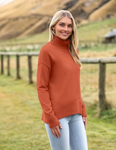 Zeagoo Women's Turtleneck Sweater 2024 Fall Winter Chunky Knitted Pullover High Low Hem Trendy Basic Jumper Top Orange