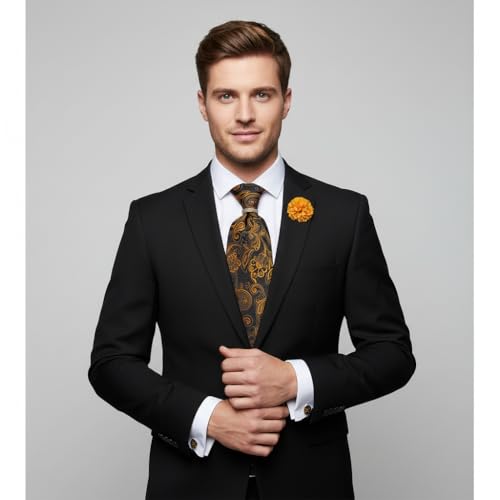 Image of 5PCS Tie and Pocket Square for Men, Silk Necktie and Handkerchief Cufflinks with Gold Ring and Lapel Pin Set
