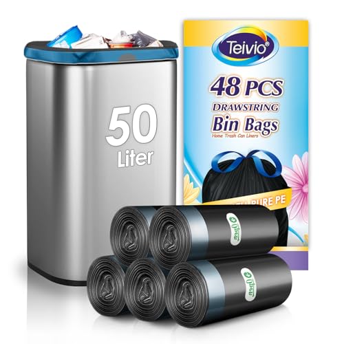 Teivio 50 Liter Bin Liners with Tie Tap 48 Counts 13 Gallon Strong Swing Bin Bags with Drawstring Handle Waste Bin Bags for Home Office Kitchen Bathroom Bedroom Black Rubbish Bags