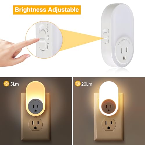 Image of Dawnrise Night Lights Plug Into Wall, Dusk to Dawn Sensor Night Light with Power Outlet, CCT 2200K or 4000K, 5Lm or 20Lm Adjustable Brightness for Bedroom, Kitchen, Living Room, Office, 2PK