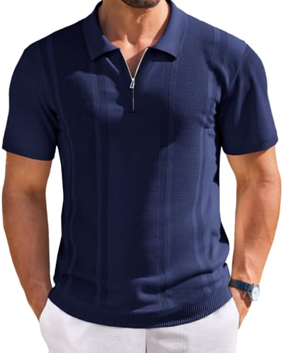 Runcati Mens Knit Polo Shirts Quarter Zip Short Sleeve Textured Casual Golf Shirt Summer Stretchy Slim Fit Collared T Shirts