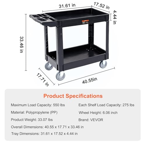VEVOR-Utility-Service-Cart-2-Shelf-550LBS-Heavy-Duty-Plastic-Rolling-Utility-Cart-Medium-Lipped-Shelf-360-Swivel-Wheels-Ergonomic-Storage-Handle-for-Warehouse-Garage-Black-Heavy-Duty-Rolling-Cart-with