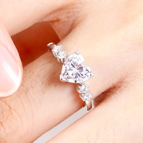 Moissanite Rings, Heart Engagement Rings White Gold Plated Promise Ring Sterling Silver Band for Women Size 5-104