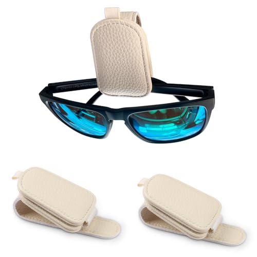 LTOHOE 2 Pack Sunglass Holder for Car, Magnetic Leather Sunglasses Holder and Ticket Card Clip, Universal for Different Size Glasses, Car Visor Accessories(Beige)