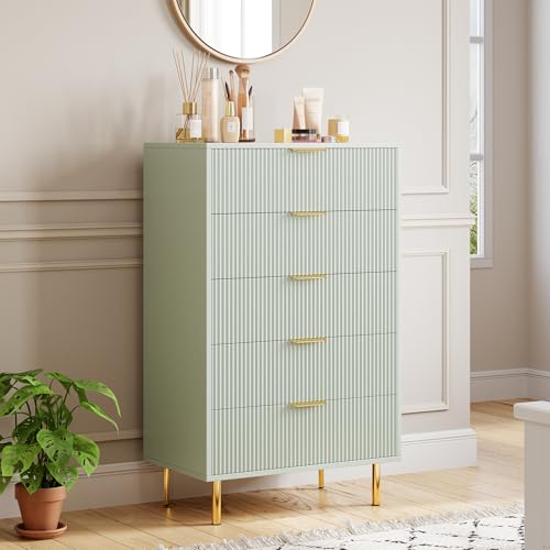 GarveeHome Green Dresser, Modern 5 Drawer Dresser for Bedroom with Gold Handle and Large Drawer, Wood Double Chest of Drawers and Storage Organizer fo