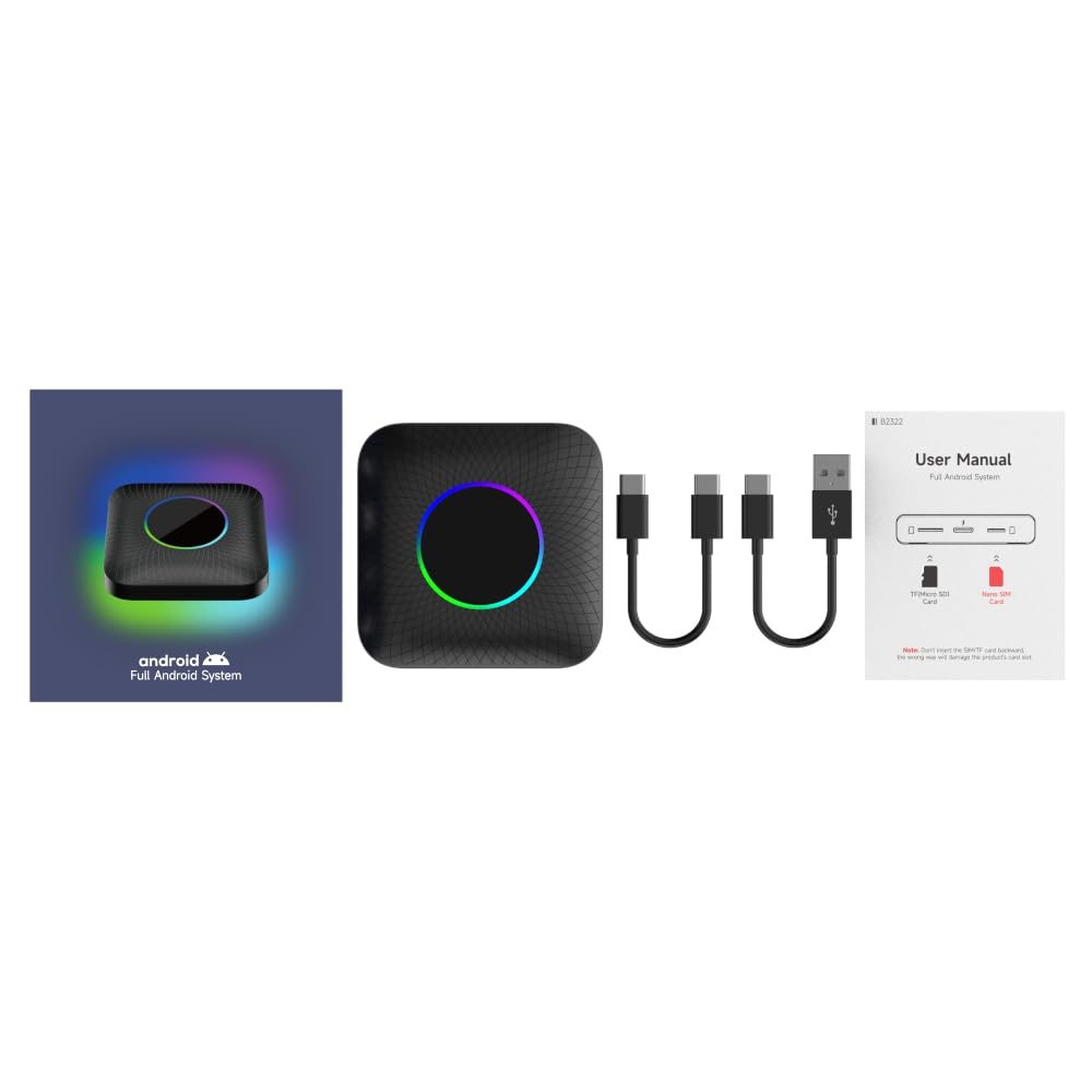 AI Box LED Android 13 8GB+128GB, QCM6225 8-Core, Wireless CarPlay Android Auto, 4G LTE SIM/TF, GPS, Netflix YouTube, für Autos mit kabelgebundenem CarPlay/Android Auto