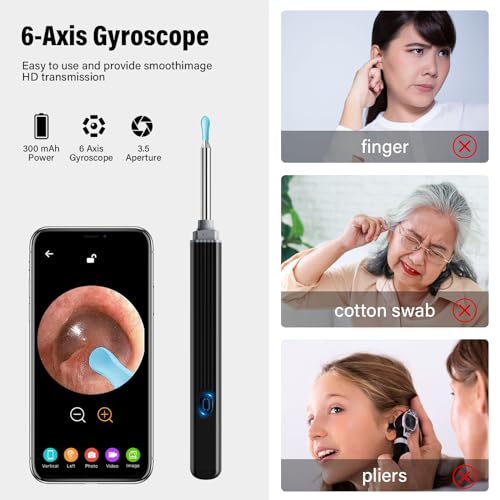 Ohrenschmalz Entferner Otoskop, Morelax 1080P WiFi-Ohrenreiniger, IP67 Wasserdichtes mit 360° Kamera, Ohrendoskop mit 6 LEDs für iPhone, Android, iPad, Erwachsene, Kinder und Haustiere (Schwarz)