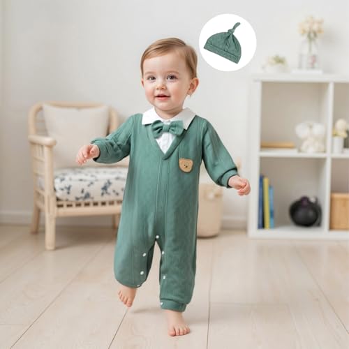 Newborn Baby Boy Fall Winter Outfit Bear Long Sleeve Sweater Romper Bowtie Jumpsuit One Piece Dress Clothes Hat2