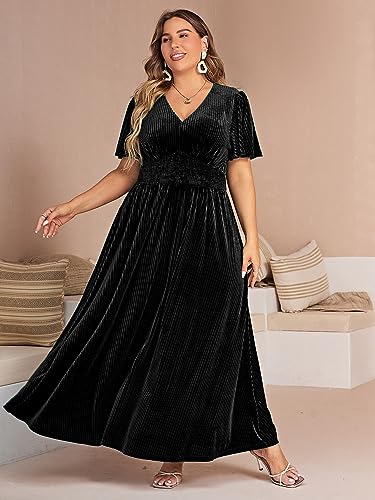 Image of Simplee Women's V Neck Velvet Maxi Dress Short Sleeve Empire Waist Long Formal Dress for Wedding Guest