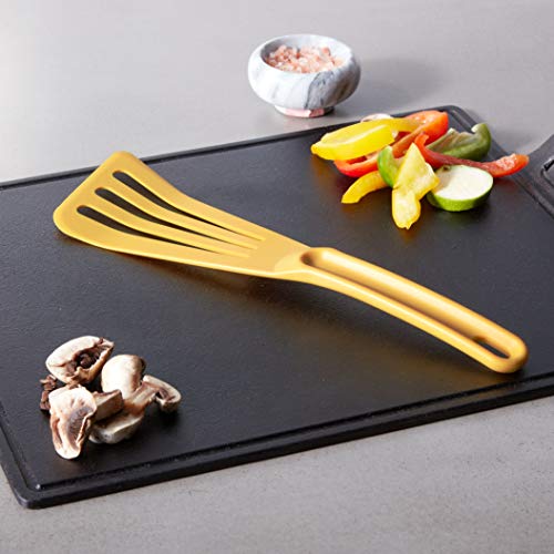 Image of Mercer Culinary Hell's Tools Hi-Heat Slotted Spatula, 12 Inch x 3.5 Inch, Yellow