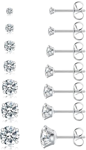 7 Pairs 20G Hypoallergenic Stud Earrings Set for Women Men, 14K Gold/Silver Plated Stainless Steel Cubic Zirconia Earrings for Sensitive Ears, Cartilage Sleeper Ear Piercing Jewelry (2/3/4/5/6/7/8mm)