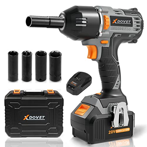 XDOVET 20V Cordless Impact Wrench 1/2 inch, Brushless High Torque Impact Wrench Kit 300 Ft-lb, 5-Speed, 3.0Ah Battery and Fast Charger with 4Pcs Drive Impact Sockets, Power Compact Wrench for Car Home