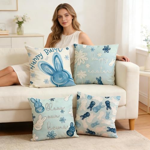 Cojines de Pascua 45x45 cm: pack de 4 fundas de conejo para decorar el sofá de casa 3