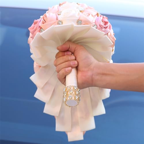 TUAGYMKR Handmade Satin Rose Water Drop Bridal Bouquet,8.7inch Crystal Wedding Round Tossing Bouquet,Jewelry Proposal Bridesmaid Bouquet Groom Corsage Bride Wrist Flower Ivory (Champagne Pink) by TUAGYMKR - Used condition - Image 7
