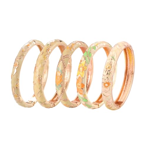 Image of UJOY Bangles 5 Pcs Enamel Jewelry Set Rose Flower Engraved Cloisonne Bracelets Pack in a Box 5PCS