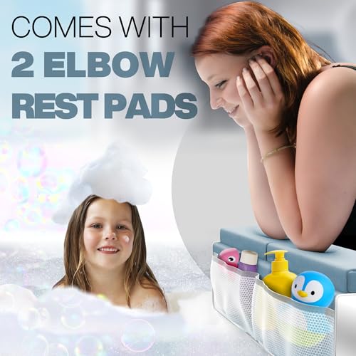 Image of Comfortable Bath Kneeler and Elbow Kneeling Rest Pad for Baby Bathing Parents - Painless Foam Mat with Toy Organizer Pockets - Quick Drying, Foldable, Non-Slip for Baby and Toddler Bathing - Blue