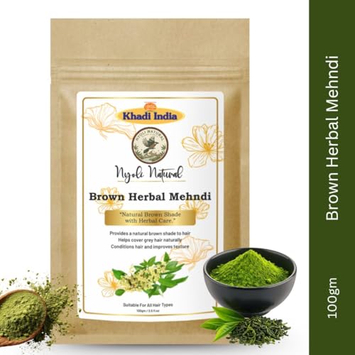 Image of Khadi Nyoli Natural Brown Herbal Mehndi Powder for Hair 100gm | Enriched with Amla,Shikakai,Bhringraj & Fenugreek powder| 100% Natural Ayurvedic Henna for Grey Hair Coverage | Chemical-Free & Ammonia-Free Hair Color | Long-Lasting Natural Black Hair Dye for Men & Women