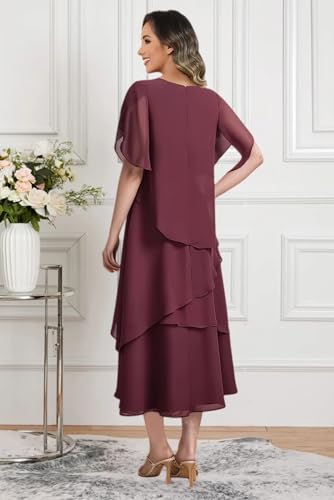 Tea Length Chiffon Mother of The Bride Dresses Layered Grandmother Dress Short Sleeve Wedding Guest Dresses Summer3