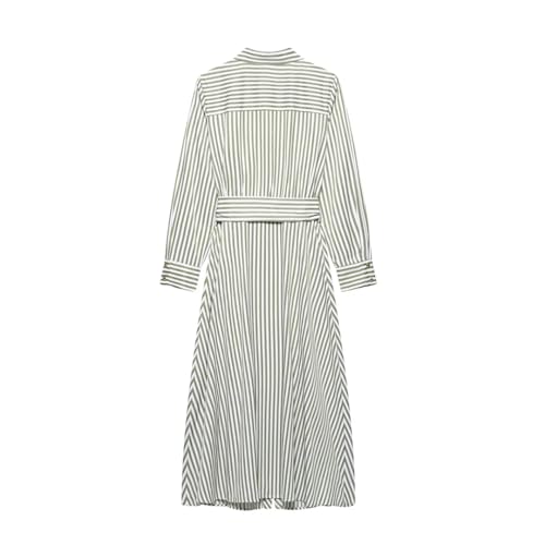 Vsadsau Women Lapel Long Sleeve Striped Dress Button Belt Casual Long Dress Evening Party Dresses2