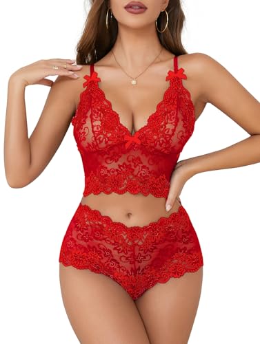 Image of Lilosy Sexy Lingerie for Women Lace Pajamas Set Cami Bra and Panty High Waist Sheer Sleepwear 2 Piece 2XS-6XL