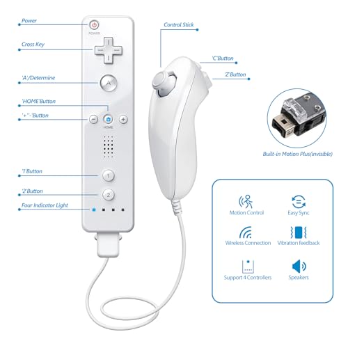 Image of HZIME Replacement Remote Controller Compatible for Wii & Wii U, Built-in 2 in 1 Motion Plus with Silicon Case and Nunchuck (2 Pack White & Black)